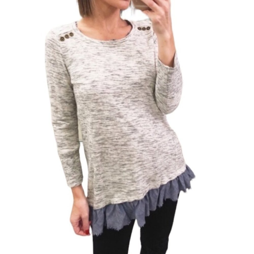 Anthropologie  Saturday Sunday Elora heathered grey 3/4 sleeve w/ruffle blue hem